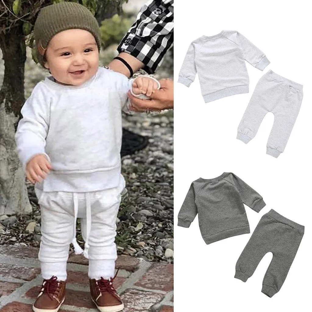 Children Clothing Sets Toddler Kids Baby Boys Girls Solid Tops Pants Homewear Casual Soft Kids Autumn Winter Outfits Sets C50