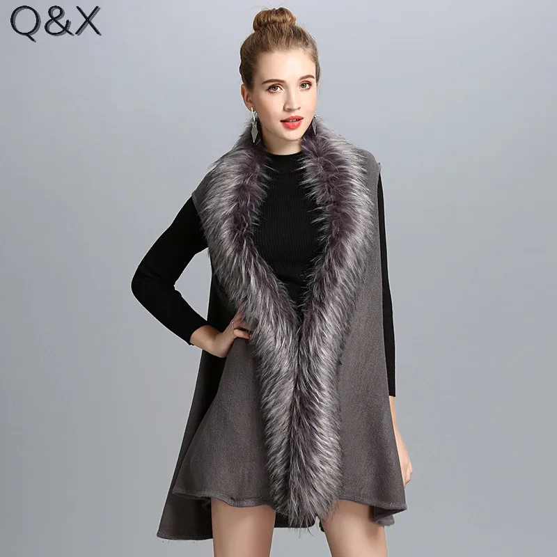 

SC118 2017 Fashion Shawl Solid Color Faux Fox Fur Knitted Vest Women Faux Fur Collar Cardigan Poncho Cape Sleeveless Sweater