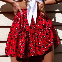 Высокая талия леопардовый оборками Для женщин короткая юбка на шнуровке плиссированные красный Повседневное юбки сезон: весна–лето Модные женские юбка