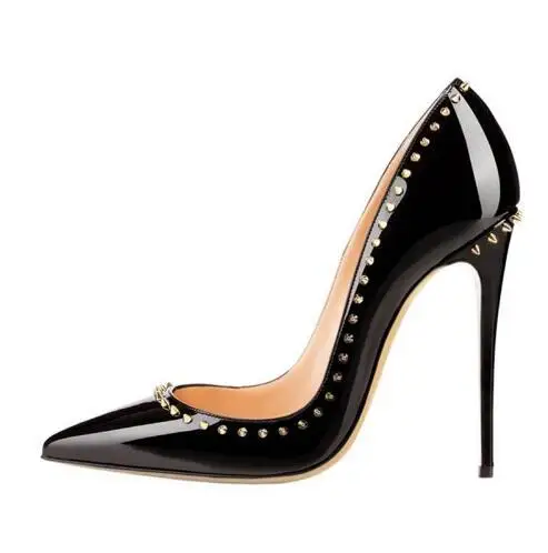 

Summer Shallow Pumps Shoes Woman High Heels Rivets Charms Pointed Toe Plus Size Sexy Party Wedding Shoes Black