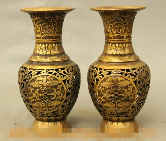 

S00794 8" Folk Chinese Bronze Lucky Flowers Butterflys Shou Zi Statue Vases Pot Pair B0403