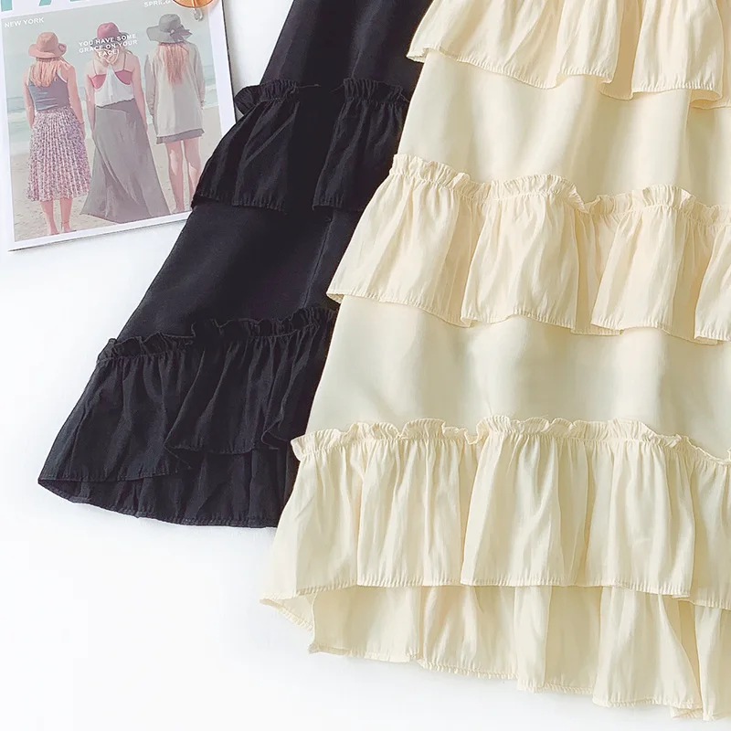 Ohryiyie Высокая талия Многоуровневая юбка женская Повседневная однотонная элегантная длинная юбка женская плиссированная юбка для вечеринок Jupe Longue Femme