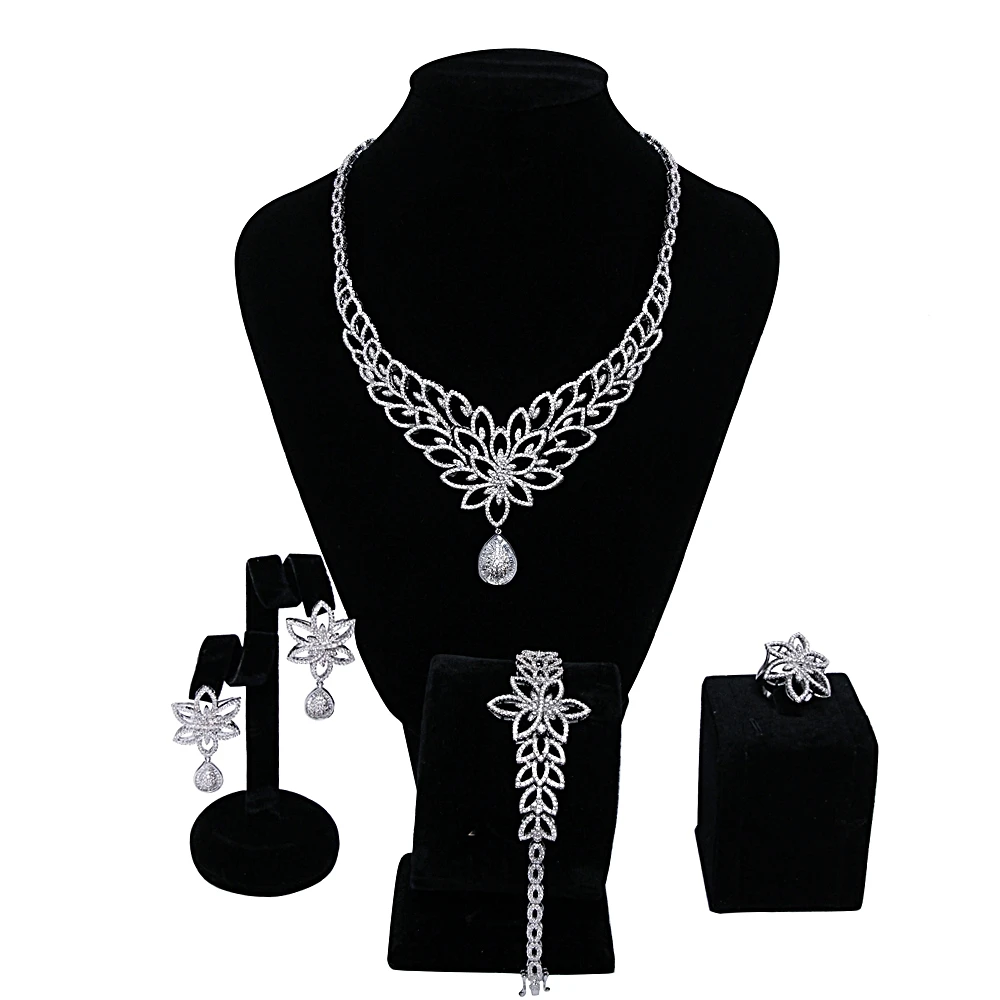 

African Beads Bridal Jewelry Sets Fashion Flower Engagement Nigerian Wedding Necklace Earring Bracelet Ring Dubai 4 pieces / set