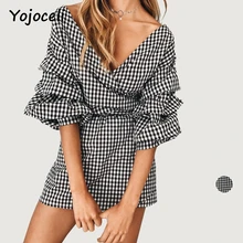 Yojoceli sexy off shoulder vintage dress women summer wrap bow short dress elegant ruffle lantern sleeve