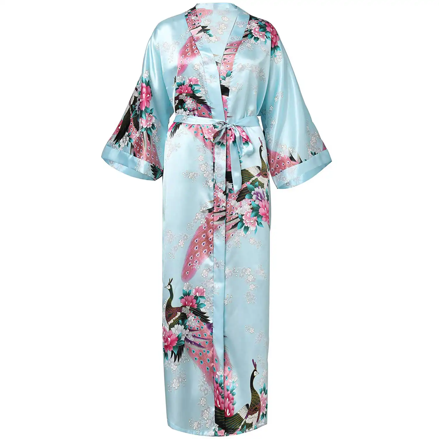 lake blue Chinese Silk Women/'s Kimono long Robe Gown nightwear S-3XL