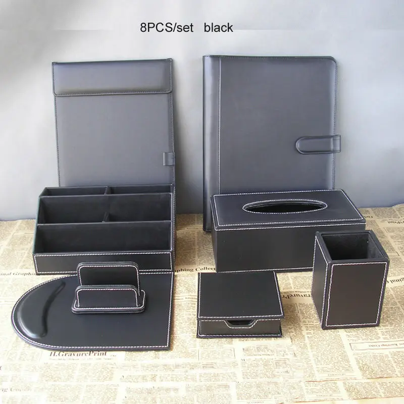 wooden leather office desk filing tray document stand stationery organizer tissue box mouse pad note case 7PCS/set brown K262