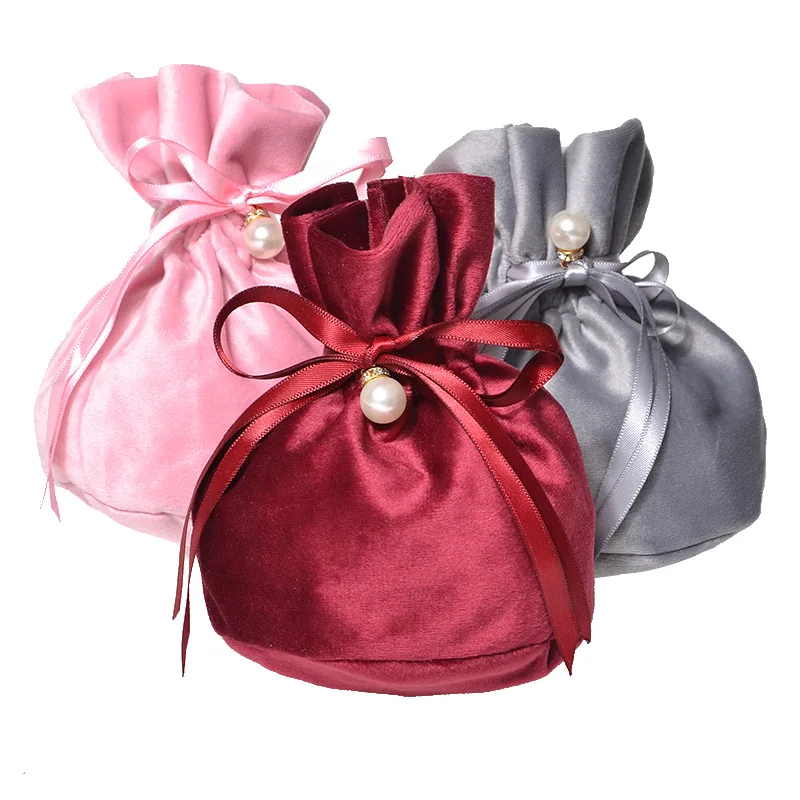 

Red 14x15cm Ribbon Jewelry Drawstring Packaging Velvet Pouches Bags With pearl Pink Gray Christmas Candy Wedding Gift Bags 25pcs