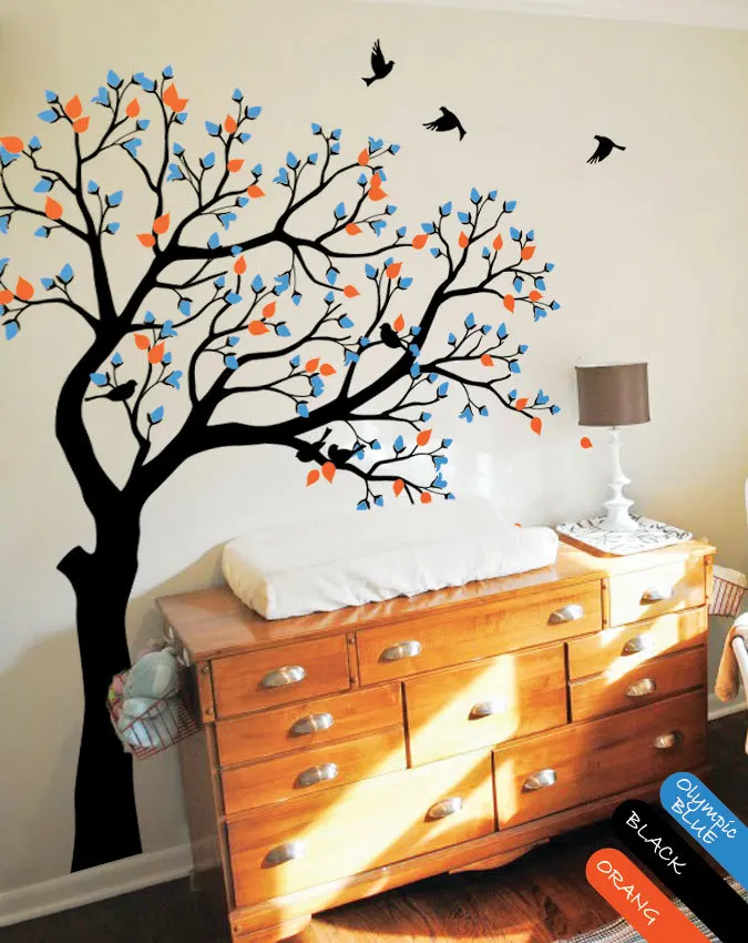 Spring Tree Wall Decals Blossom buds Birds And Leaves Large Tree Wall