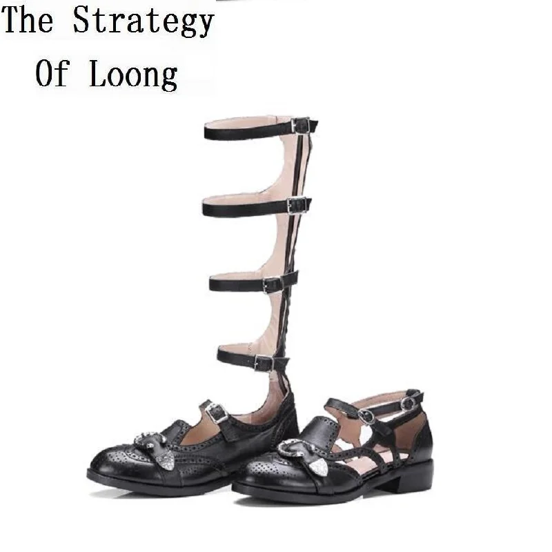 

Women Full Grain Leather Fashion Buckle Round Toe Summer Sandals Summer Retro Sexy Long Sandals 20170113