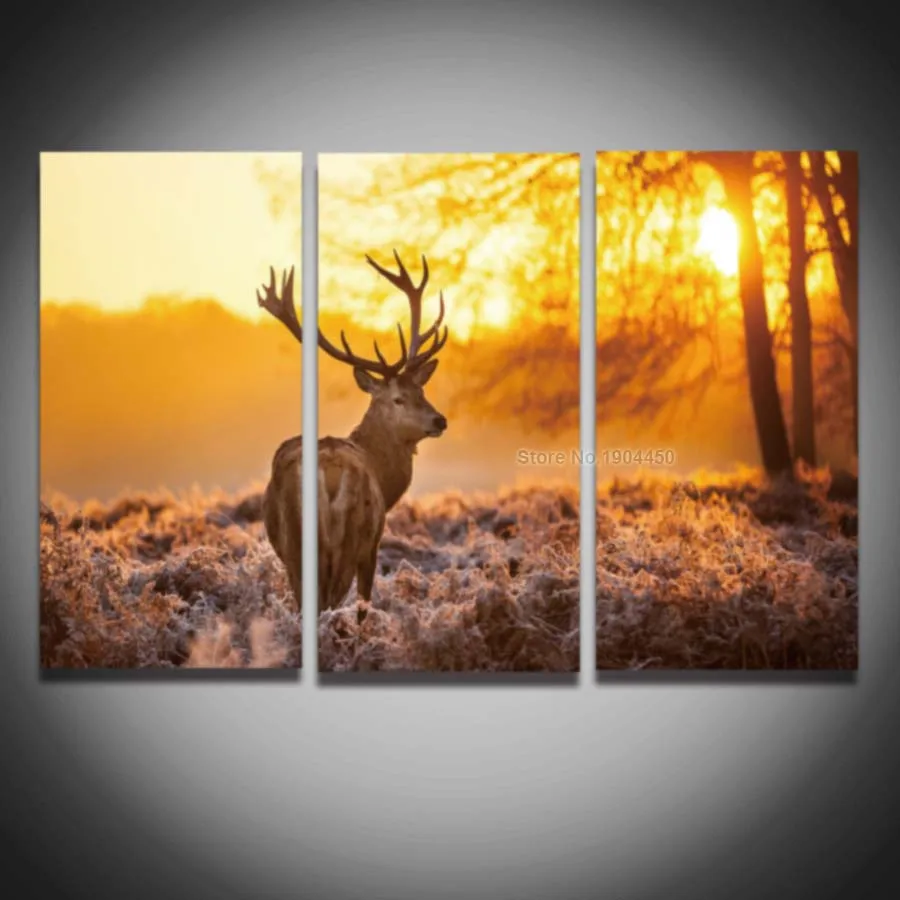 3 panel Printed wild deer animal sunset landscape picture large