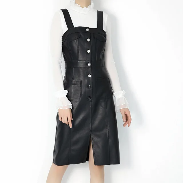 

2020 New Women Genuine Leather Dress Soft Real Sheepskin Sheep Leather Dress Fashion Sexy Slim Black Midi Dress vestido de festa