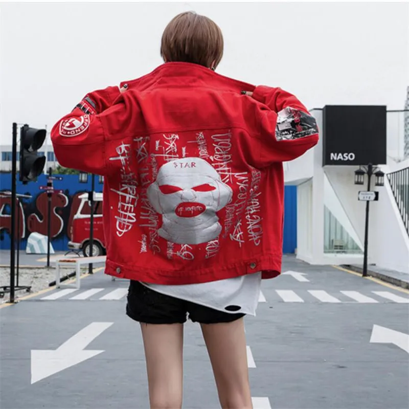 

Hip Hop Print Denim Jacket Women Oversized Loose Couple Coats 2019 New Arrival Spring Fashion Streetwear Black Red Jean Jacket