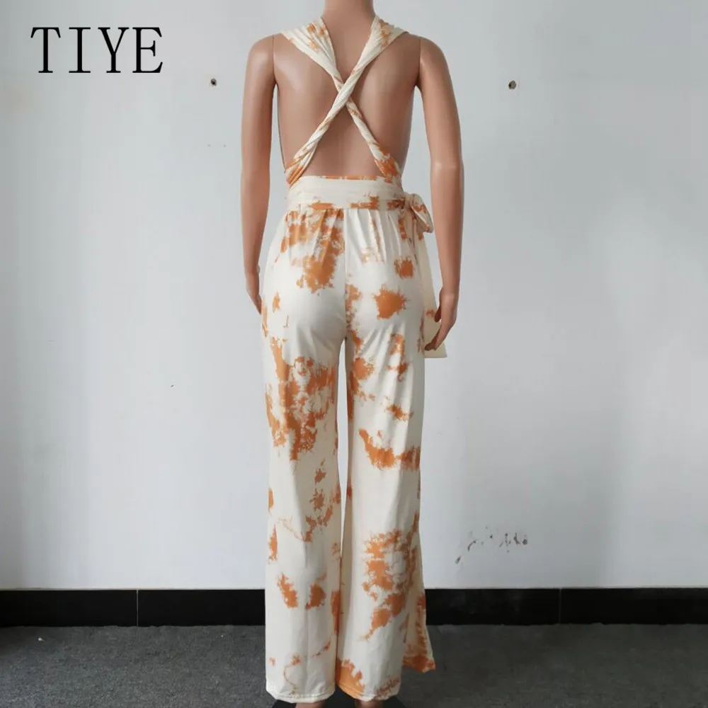 TIYE Sexy Deep V-neck Cross Bandage Loose Jumpsuits with Belt Elegant Hollow Out Wide Leg Playsuits Women Casual Summer Wear TIYE Sexy Deep V-neck Cross Bandage Loose Jumpsuits with Belt Elegant Hollow Out Wide Leg Playsuits Women Casual Summer Wear