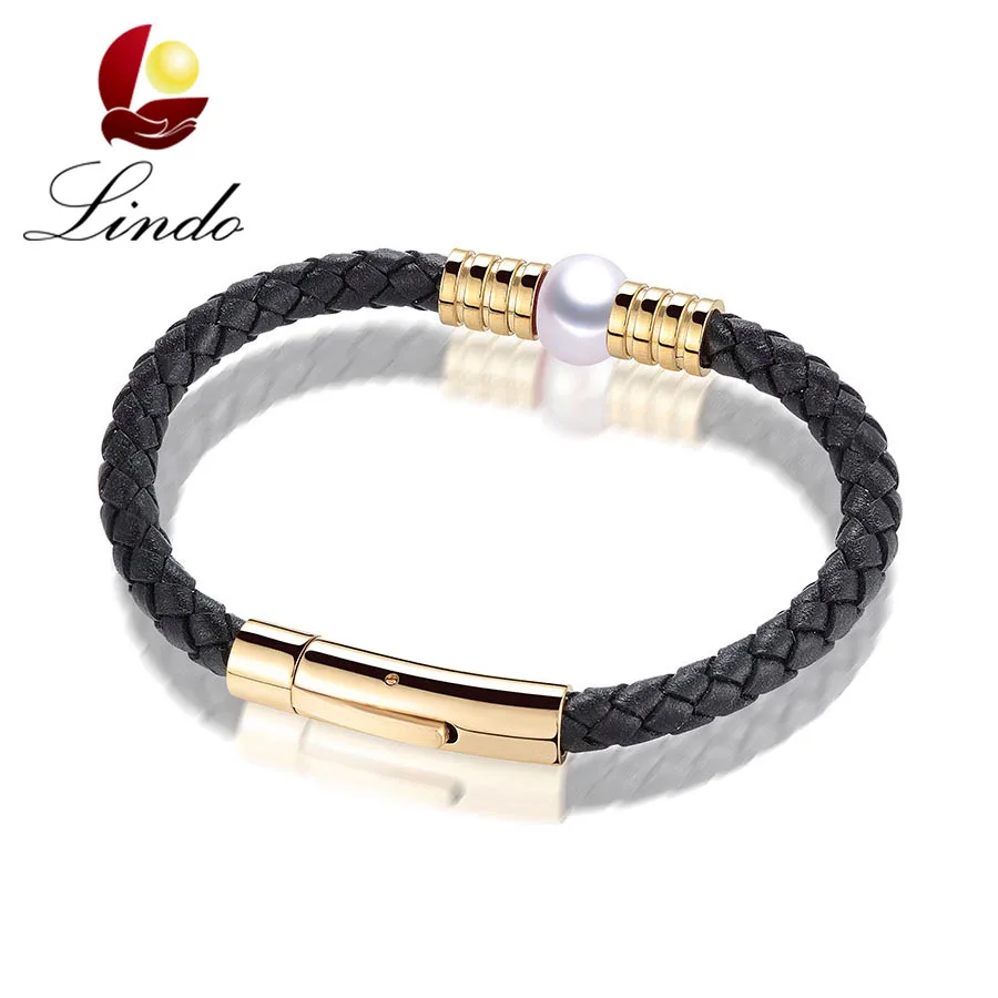 

Lindo Women Fashion Black Rope Bracelet 9-10mm High Luster Natural Freshwater Pearl Jewelry Good Quality Gold Color Bracelet