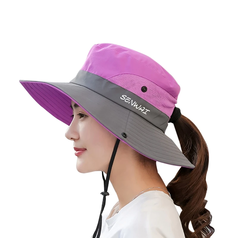 Outdoor Hiking Wide Brim Bucket Hat Women Quick Drying Breathable Packable Sunshade UV-proof Ponytail Cap With Chain Strap - Цвет: Purple