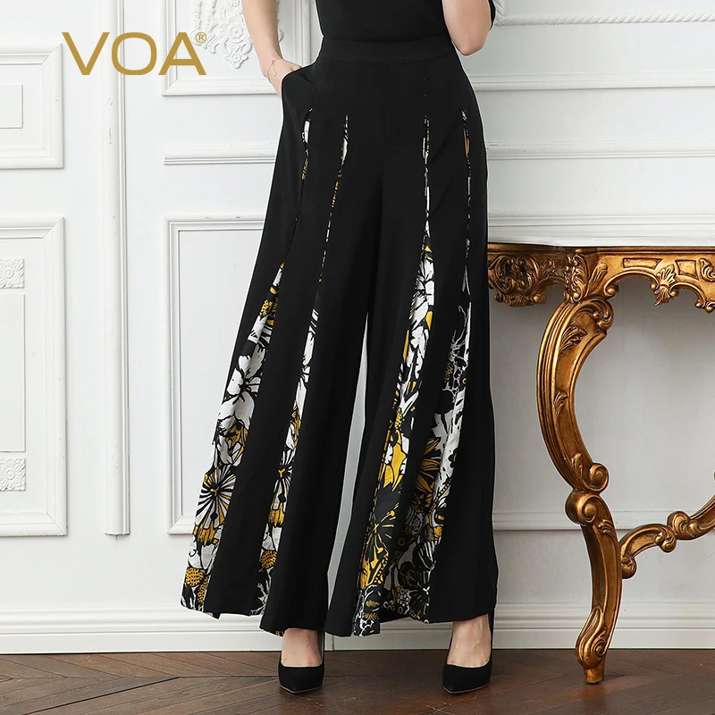 

VOA Heavy Silk Plus Size Loose 5XL Long Trousers Women Wide Leg Pants Black Print Boho Casual Vintage Slant Pocket Spring K383