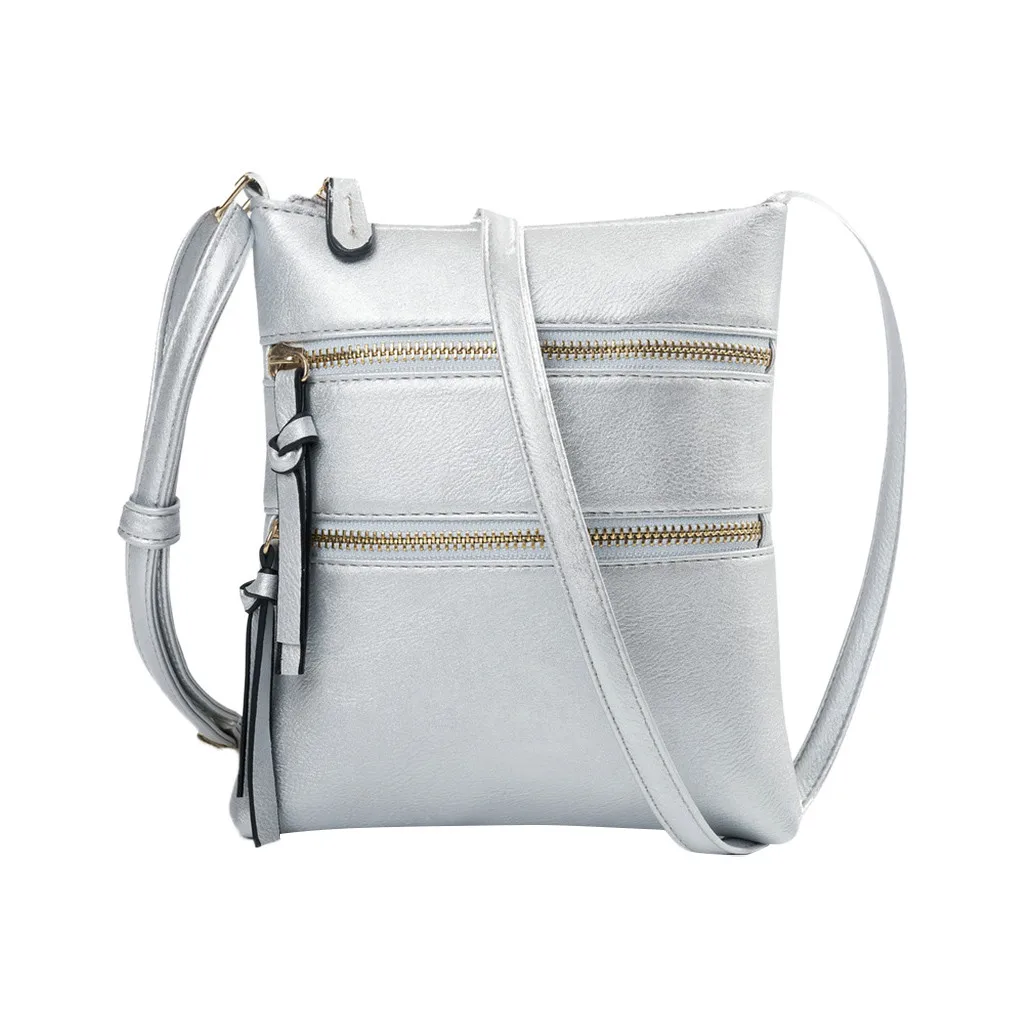 Женская функциональная многофункциональная сумка через плечо с карманами, сумка через плечо из искусственной кожи на молнии для девочек, простая сумка с клапаном - Цвет: Серебристый