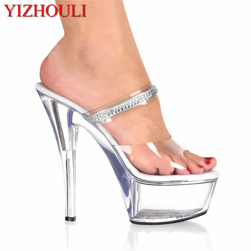 

Lady Fashion 6 Inch High Heel Shoes Sexy Party Crystal Slippers Rhinestone Clear Sandals Platform 15cm Ultra High Heels Slippers