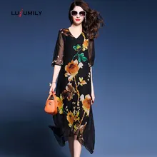 Lusumily, Ретро стиль, цветочный принт, женское платье до середины икры, шифон,, модное, свободное, половина рукава, для девушек, цветочное, Vestidos, с цветами, размера плюс, 3X