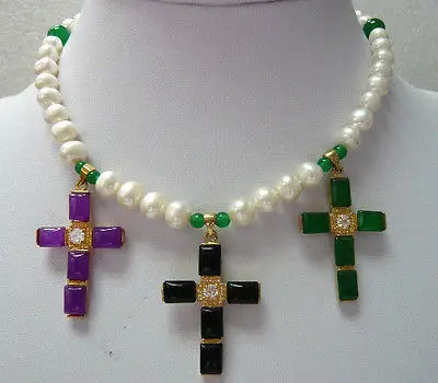 

FREE SHIPPING pink/white pearl purple/green jade black agate cross pendant necklace