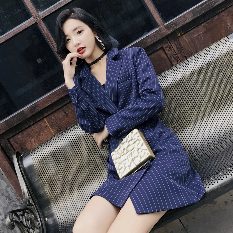 

Autumn 2019 New Medium and Long Style Suit Women's Suit Casual South Korea Vertical Stripe Autumn Jacket Coat Women Suit