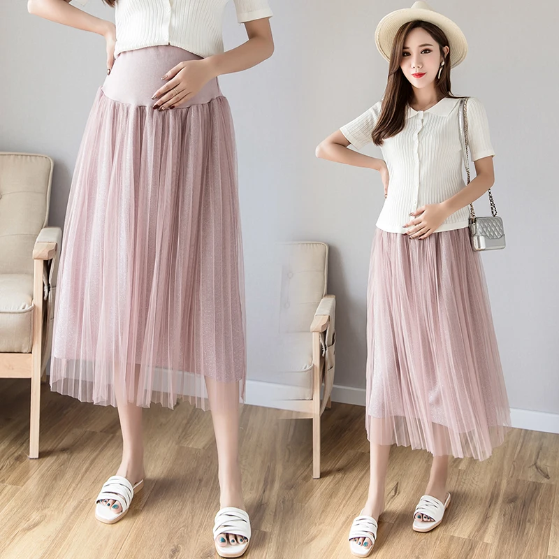 Solid Pleated Maternity skirts Clothes For Pregnant Women Pregnancy Clothing Mesh High waist skirt Gravidas Vestidos Summer