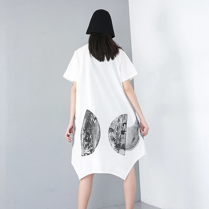  [EAM] 2020 New Spring Summer Lapel Short Sleeve White Pattern Printed Loose Irregular Loose Shirt W