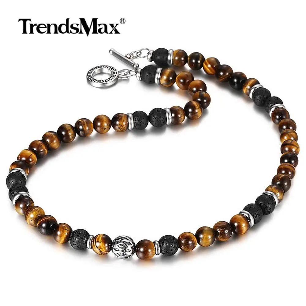 8mm Men's Unique Natural Tiger Eyes Stone Lava Bead Necklace Stainless Steel Bead Charm Link Chain Male Jewelry Gift TNB002