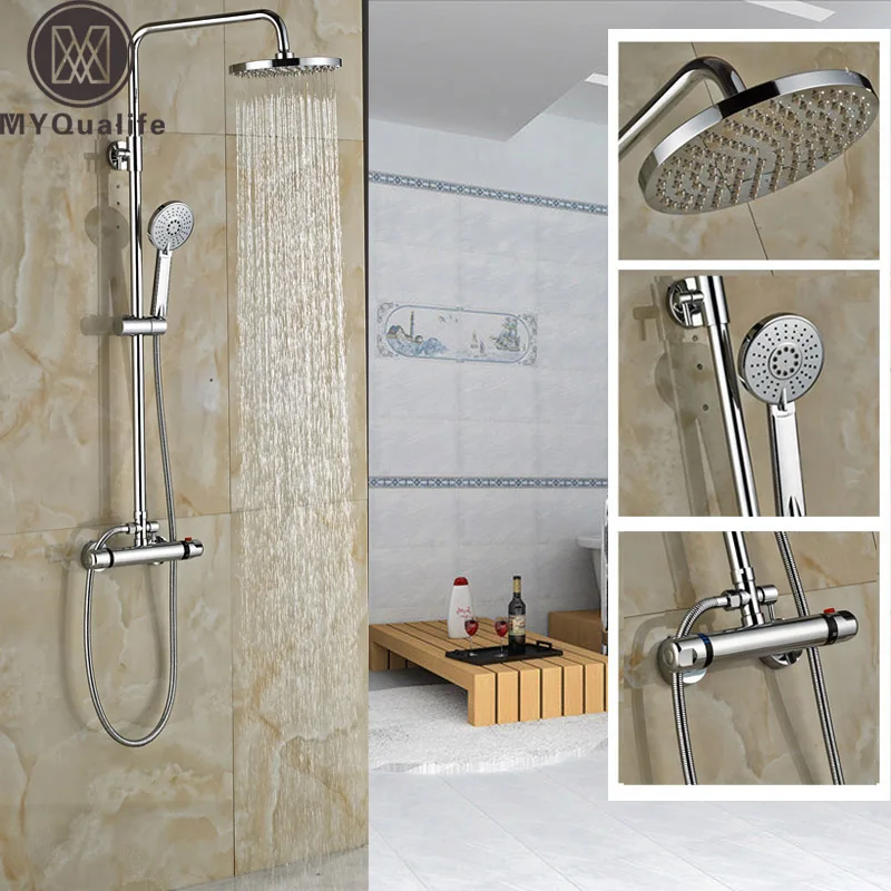 

Polished Chrome Thermostatic Shower Mixer Set Wall Mount Dual Handle Constant Temperature Shower Faucet Set