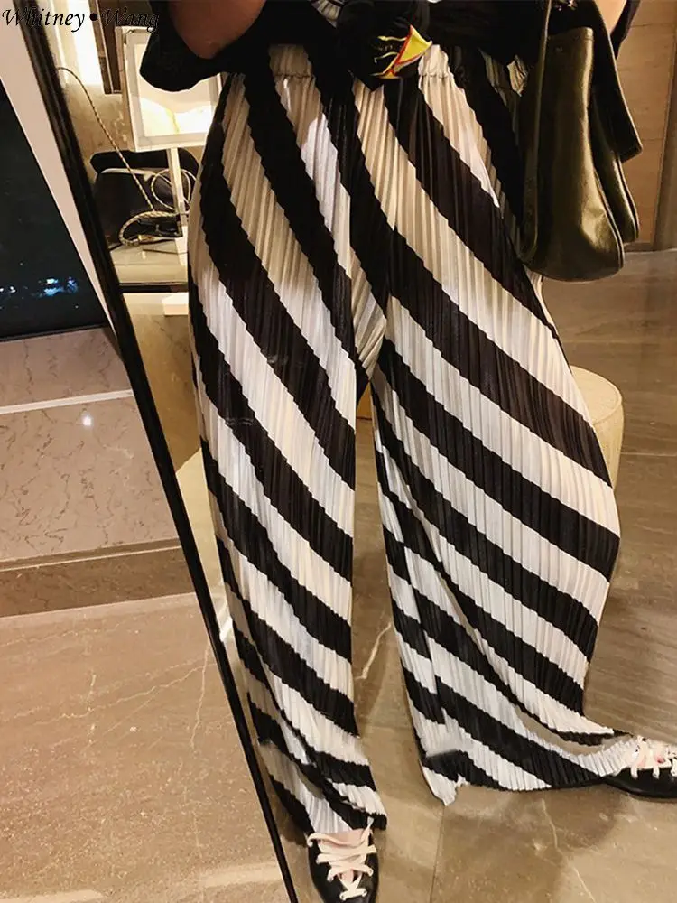 WHITNEY WANG Summer Fashion Streetwear Colors Contrast Striped Wide Leg Pants Women Casual Pants - Цвет: Черный