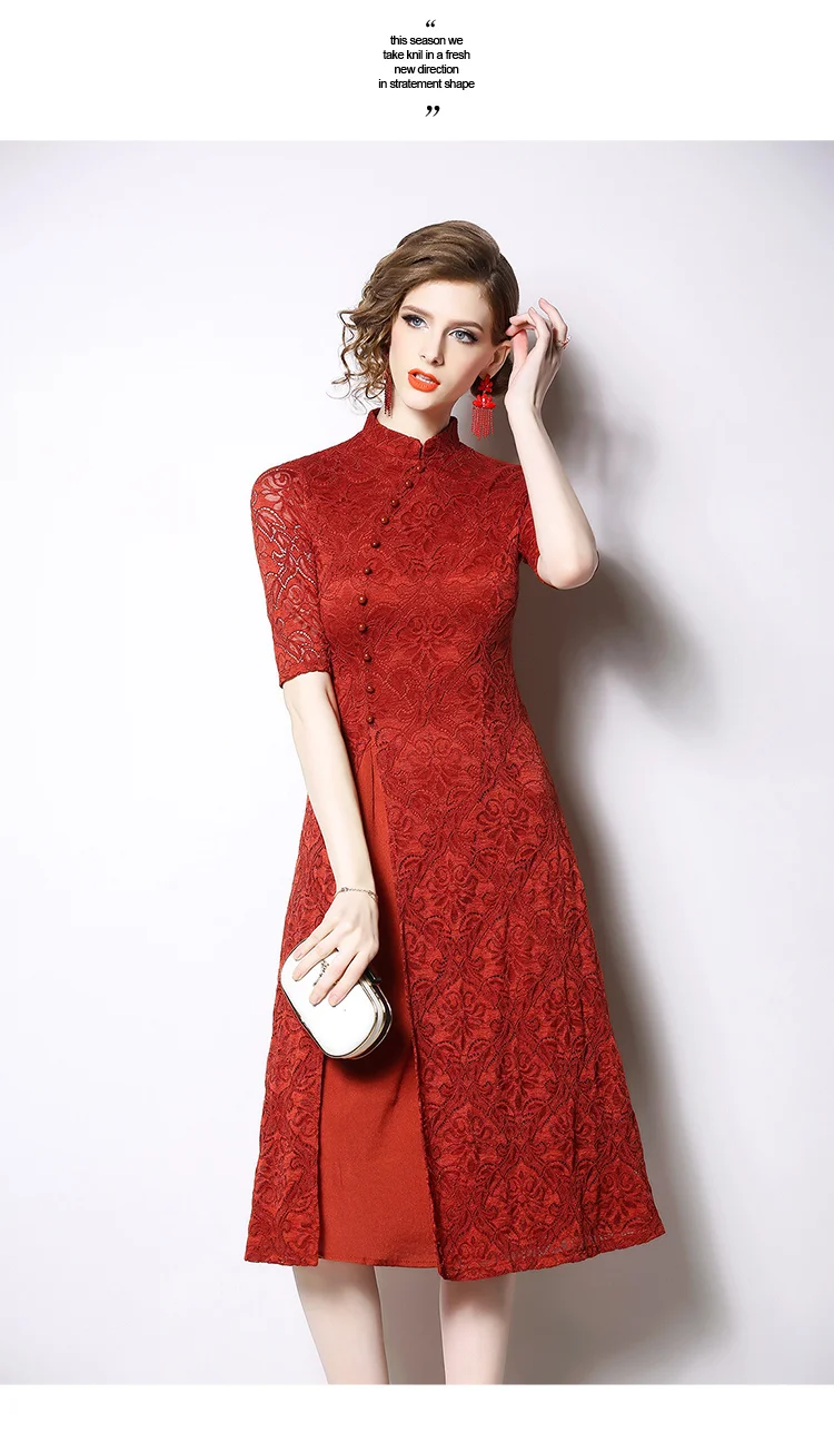 Willstage 3XL плюс размер платье кружева пэчворк один воротник до груди cheongsam красные платья винтажные элегантные вечерние летние платья