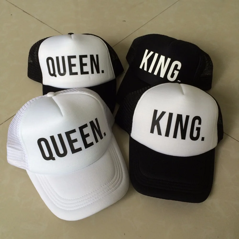 

KING QUEEN Print Trucker Caps Men Women Polyester Mesh Summer Flat Visor Snapback Hat White Black Couple Gifts Free Shipping