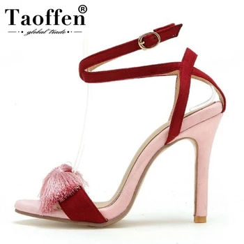 

TAOFFEN High Heel Women Sandals Shoes Woman Open Toe Thin Heel Party Sandals Tassels Ankle Strap Suede Leather Shoe Size 34-44