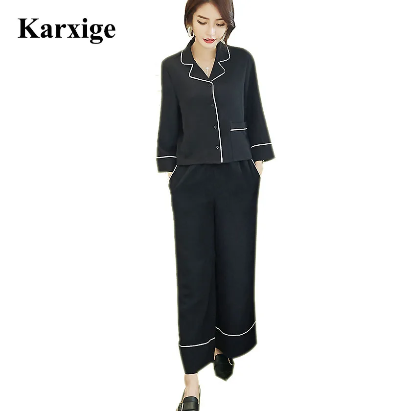 

Real 2017 Spring Lazy Wind Suit Collar Shirt Retro Elegant Wide Leg Pants Women Leisure Office Lady Black And White Edge Suit