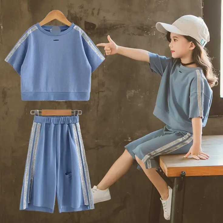 

AA655 Girls'Leisure Sports Suit Fashion Short Sleeves pants Fashion suit Age 4 6 8 10 12 14Y BIg Girls Clothes Summer New Retail