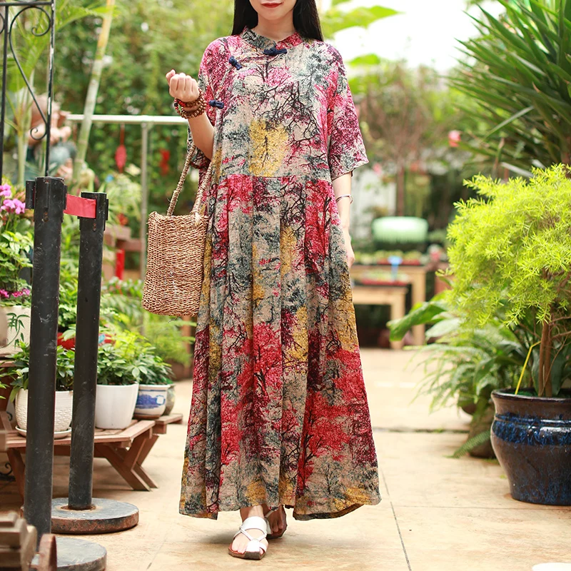 Женское платье макси с коротким рукавом и воротником стойкой|plus size women dresses|summer maxi