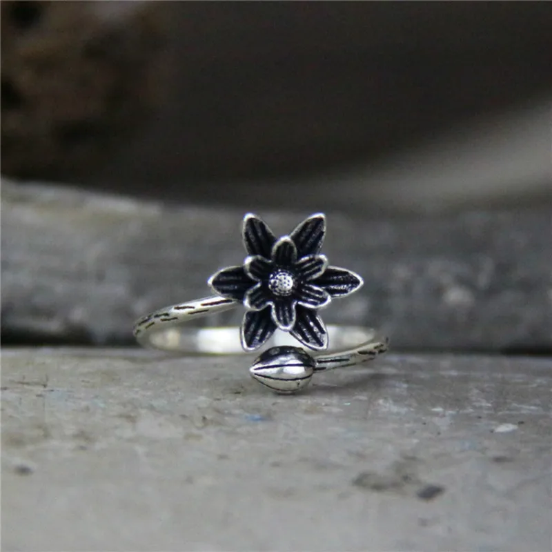 

New Fashion Real Silver Retro Style Open Rings For Women 925 Sterling Silver Lotus Flower Ring Elegant Jewelry Ring