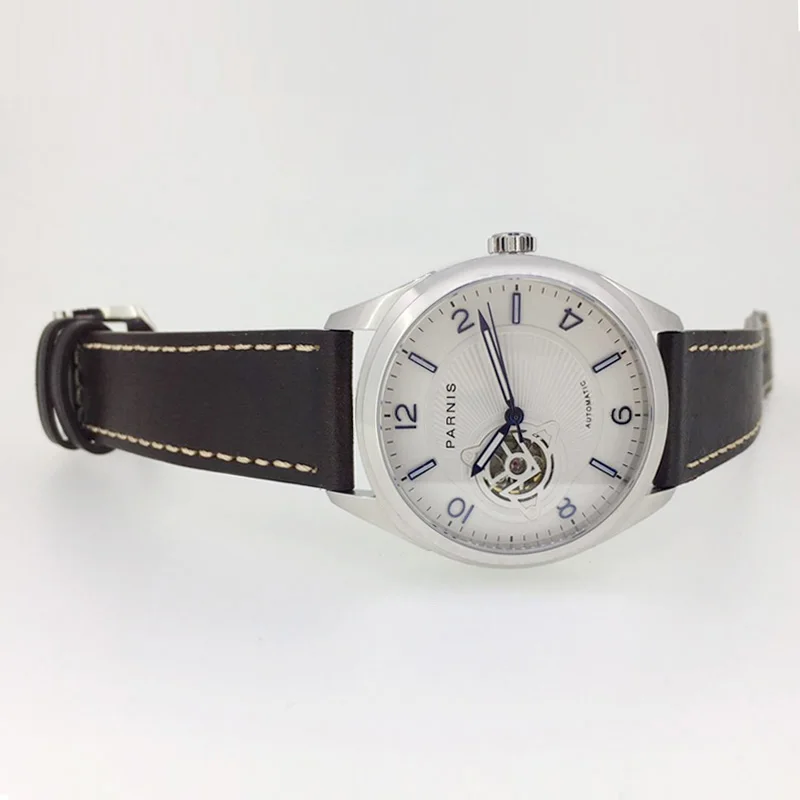 PARNIS 42 мм Серебряный Чехол Мужские часы с черным циферблатом сапфировое стекло механические Автоматические Мужские часы relojes para automaticos