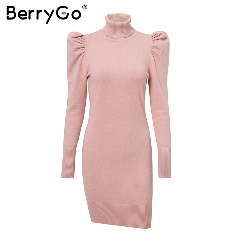 BerryGo черепаха шеи облегающее зимнее вязаное женское платье пышное плечо Розовое женское платье-свитер сексуальные женские однотонные осенние платья