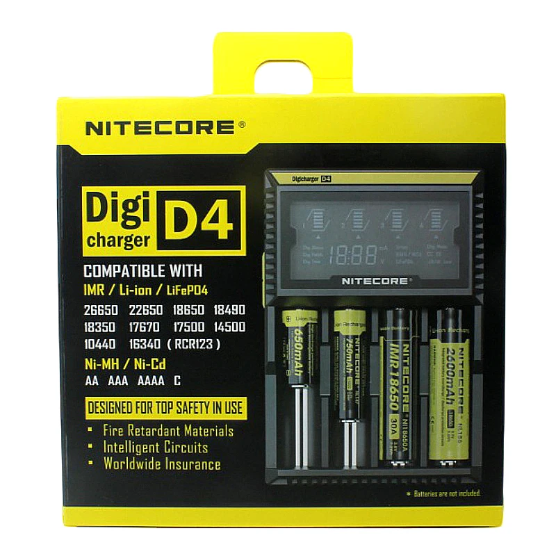 

100% Original Nitecore D4 Battery Charger LCD Intelligent Charger Li-ion 18650 14500 16340 26650 AAA AA 12V Battery Charger