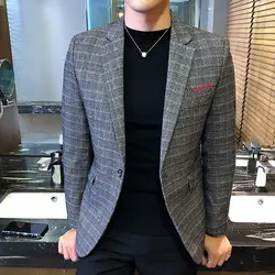 2019 новый для мужчин плед Блейзер Бизнес повседневное тонкий пиджак Мода Вышивка костюм на одной пуговице куртка большой размеры 5XL