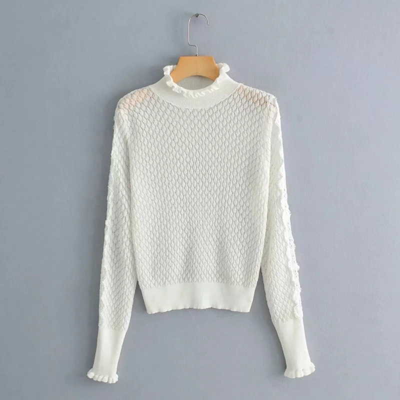 

Women Hollowed Knitting Turtleneck T shirt Lace Decoration Long Sleeve Tops Summer Style Fashion Tee Shirt Femme T1120