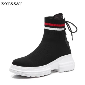 

{Zorssar} 2019 New Fashion Young Women Boots Platform Shoes Flat Ankle Socks Boots Female booties womens Stretch boots shoes
