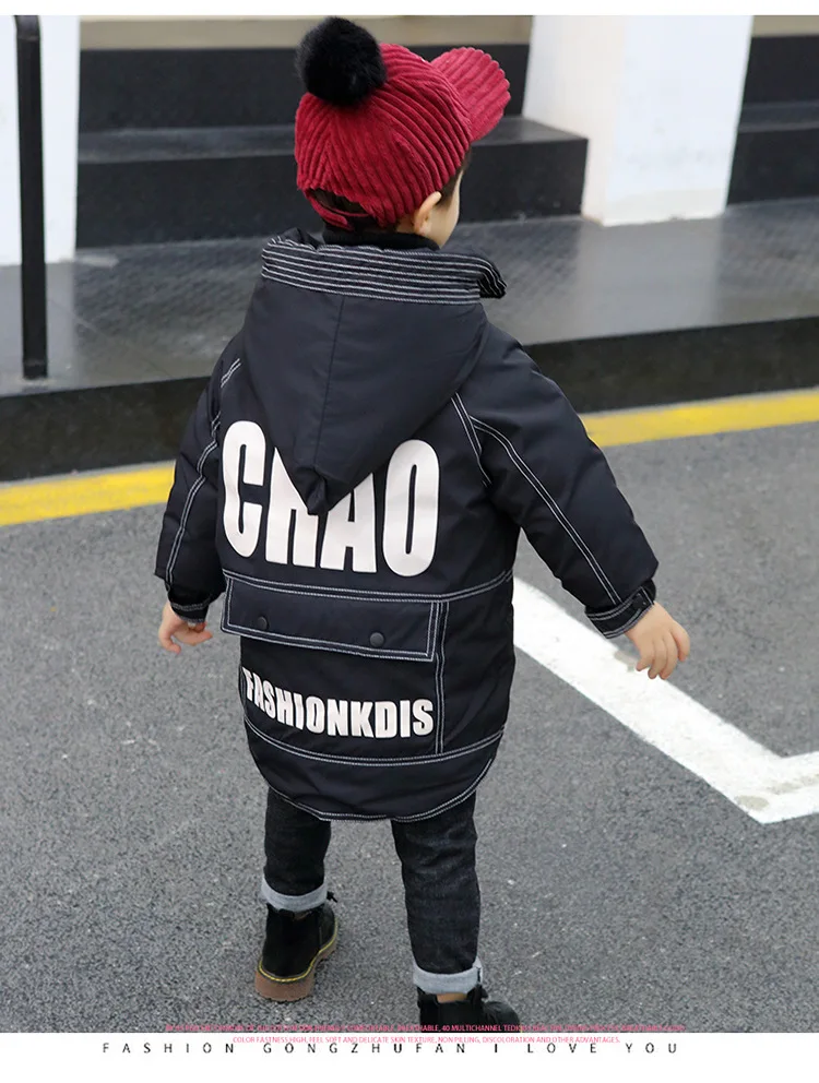 Children's clothing hooded letters long boy jacket autumn and winter new thick warm fashion personality cotton coat