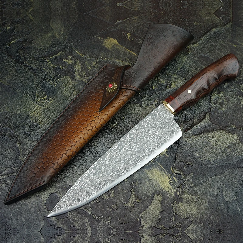 FZIZUO75DamascusSteelChefsKnivesIndianRosewoodHandleGyotouKnifeCleaverHandmade