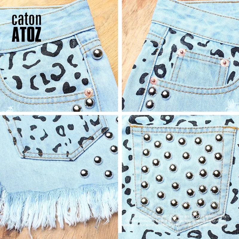 CatonATOZ 2054 женские летние брендовые винтажные леопардовые рваные короткие джинсы с кисточками и заклепками, сексуальные женские джинсовые шорты в стиле панк