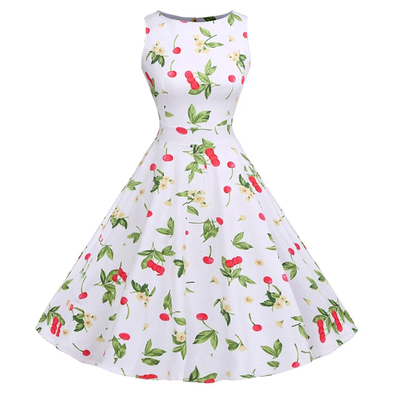 Kostlish Cotton Summer Dress Women 2017 Sleeveless Tunic 50s Vintage Dress Belt Elegant Print Rockabilly Party Dresses Sundress (93)
