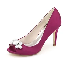 Elegant woman satin dress shoes with crystal toe evening wedding party bridal guest pumps open peep toe shoes purple silver red