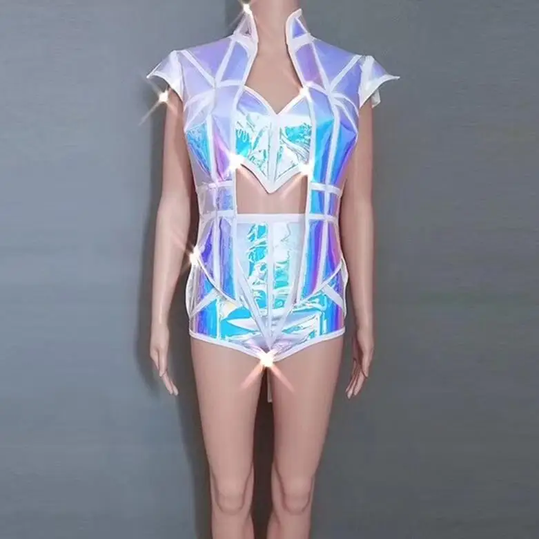 

Sexy Blue Laser 3-piece Set Stage Wear Outfit Female Singer Dancer Show Costume Performance Nightclub Wear