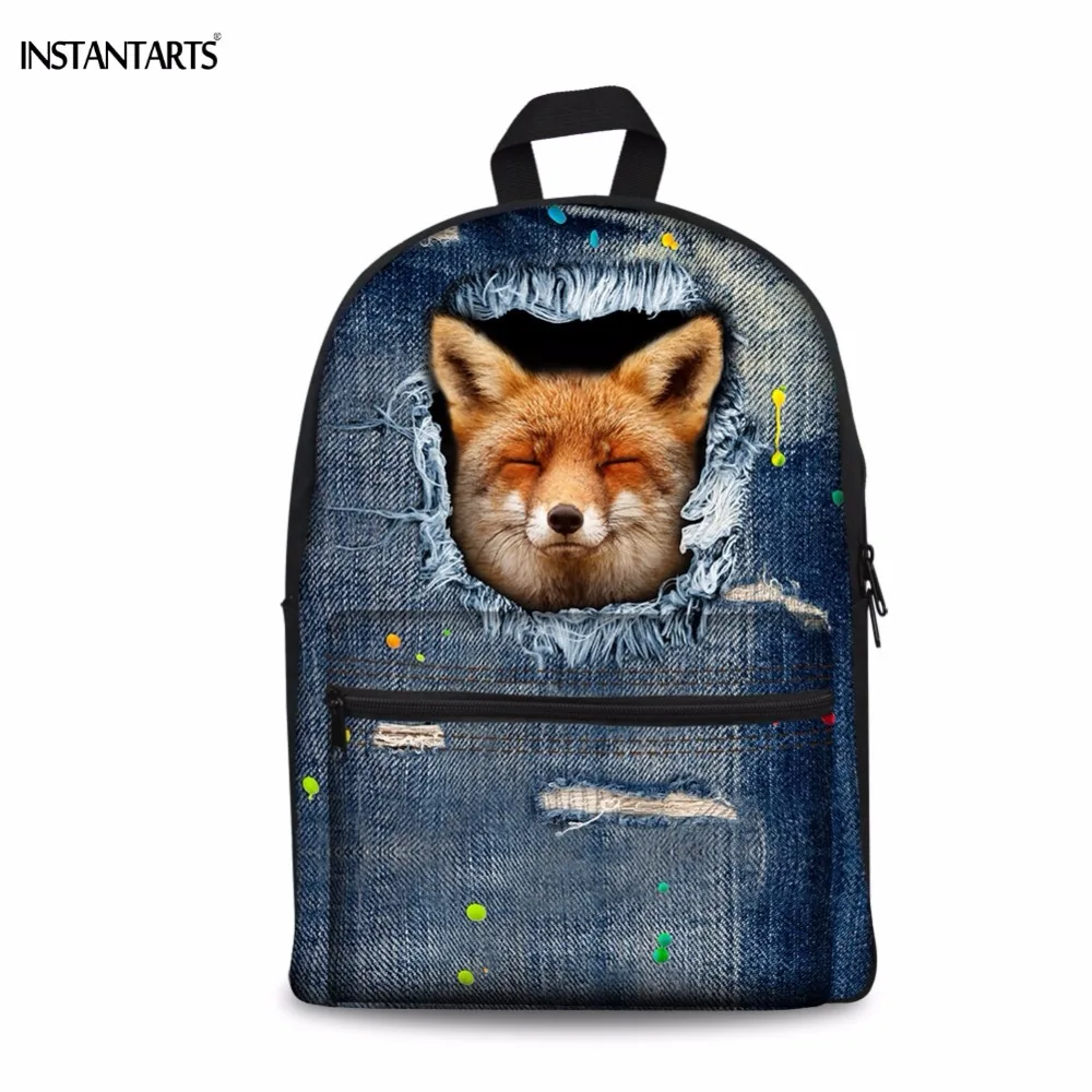 #*Cheap INSTANTARTS Cute 3D Printing Fake Denim Pocket Fox Print Girls Boys Canvas Backpacks Middle School Students Schoolbags Rucksack